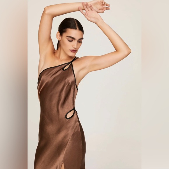Bec & Bridge Kehlani Satin Maxi Dress High Side Slit Cut Outs in Chocolate sz 10 - Picture 4 of 8